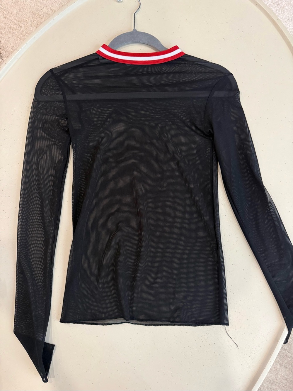 Zara - Sheer Black Long-Sleeve Mesh Top with Red-White Trim